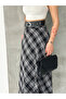 Women's Plaid Belt Piece Long Flared Skirt (Slim Fit) - 5