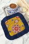 Oriental Luxury Fringed Decorative Napkin - Vibrant Yellow and Navy Blue Coaster Napkin with Ethnic Motifs - 8