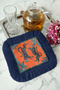 Exotic Leopards Motif Fringed Presentation Napkin-Safari Bohemian Orange Navy Blue Coaster Tissue - 3