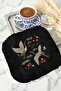 Japanese Ivy Crane Bird Fringed Presentation Napkin - Eastern Breeze Bohemian Black Coaster Tissue - 3