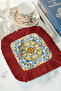 Italian Roman Patterned Fringed Presentation Napkin - Mediterranean Bohemian Blue Yellow Red Coaster Napkin