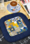 Mediterranean Patchwork Tasseled Presentation Napkin - Italian Mosaic Bohemian Navy Blue Coaster Napkin - 6