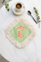 Fish Illustrated Fringed Presentation Napkin - Sea-Themed Green Striped Cream Rustic Coaster Tissue - 3