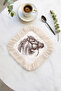 Horse Patterned Fringed Presentation Napkin - Elegant Classic Country Brown Cream Coaster Serving Napkin