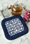 Luxury Tile Motif Fringed Presentation Napkin - Geometric Mediterranean Modern Navy Blue Coaster Tissue - 7