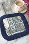 Elite Tile Motif Fringed Presentation Napkin - Mediterranean Bohemian Navy Blue Gold Colored Coaster Tissue - 3