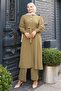 Button Detailed Belted Suit Khaki 19291 - 3