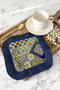 Mediterranean Motif Fringed Presentation Napkin - Colorful Mosaic Bohemian Navy Blue Yellow Coffee Presentation Handkerchief - 2