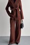 Women's Jacket Pants Set Waist Tie Detailed Blazer Jacket Wide Leg Pants Suit - 5