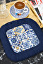Saray Ceramic Motif Fringed Presentation Napkin - Mediterranean Bohemian Navy Blue Yellow Coffee Side Presentation Napkin - 8