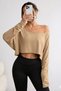 Brown Women's Off-Shoulder Boat Neck Oversize Long Sleeve Crop T-Shirt