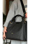 Women's Black Text Embossed Embossed Patterned Magnetic Snap Closure Handbag MH4031MH - 3
