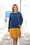 Cobalt Blue Crew Neck Long Sleeve Skirt Gathered Pocket Blocked Linen Dress - 2