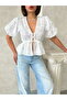 Front-Tie Embroidered Voile Blouse - Cream |   D2820 - 4
