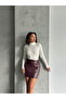 Zippered Leather Skirt - Burgundy |   F0125 - 2