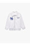 Printed Polo Collar Zippered Bomber Jacket with Raised Long Sleeves