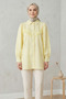 Women's Laced Raw Linen Balloon Sleeve Tunic Shirt - Light Yellow - 2