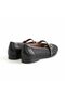 Black Leather Piping Knitted Detailed Buckle Women's Ballerinas - 4