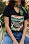 Black 100% Cotton V-Neck T-Shirt with Turtle Pattern, Sequins, Beads and Embroidery