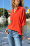 Coral Half-Patched Ornamental Buttoned Cotton Loose Woven Blouse 65 55 - 4