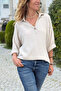 Beige Half-Patched Ornamented Buttoned Cotton Loose Woven Blouse 65 55 - 4