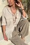Beige Hooded Buttoned Pocketed Dirty Stitched Cotton Loose Woven Shirt 70 50