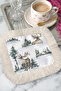 Nordic Deer Forest Fringed Coffee Side Serving Napkin - Winter Nature Rustic Green Cream Presentation Napkin - 4