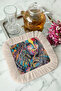 Colorful Dream Faces Fringed Presentation Napkin - Artistic Bohemian Turquoise Yellow Cream Coaster Tissue - 3