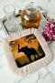 African Safari Silhouette Tasseled Presentation Napkin - Elephant and Sunset Bohemian Yellow Coaster Napkin - 7