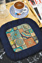 Ethnic Motif Fringed Coffee Serving Napkin - Colorful Bohemian Dark Blue Coaster Presentation Handkerchief - 2
