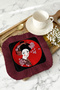 Luxurious Japanese Geisha Art Presentation Napkin with Tassels - Far Eastern Modern Burgundy Coaster Tissue - 3