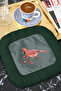 Fringed Presentation Napkin with Cardinal Bird Figure - Dark Green Coaster Tissue with Red Bird Motif - 6