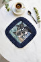 Cat Family Illustrated Tasseled Presentation Napkin - Vintage Bohemian Blue Navy Blue Coaster Tissue - 7