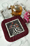 Stunning Checkerboard Figured Fringed Presentation Napkin - Artistic Bohemian Anthracite Burgundy Coaster Tissue - 7