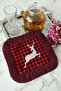 Elegant Winter Deer Motif Fringed Presentation Napkin - Rustic Plaid Burgundy-Anthracite Coaster Tissue - 7