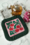 Retro Cherry Motif Fringed Presentation Napkin - Energetic Bohemian Dark Green Pink Coaster Tissue - 5