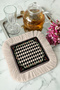 Luxury Diamond Square Fringed Presentation Napkin - Eye-Catching Vintage Bohemian Black Cream Coaster Tissue - 3