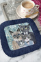 Cat Family Illustrated Tasseled Presentation Napkin - Vintage Bohemian Blue Navy Blue Coaster Tissue - 4