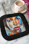 Colorful Portrait Fringed Coffee Side Presentation Cocktail Napkin - Artistic Bohemian Black Coaster Tissue - 6