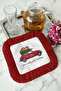 Classic New Year's Fringed Presentation Napkin with Car Design - Retro New Year Red Rustic Coaster Tissue - 3