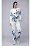 Women's Long Sleeve Crew Neck Butterfly Print Two Thread Bottom Top Set - 5