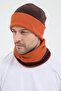 Men's Brown Fleece Outerwear, Orange Cotton Inner Layer, Dual Color, Double Layer Foldable Beanie Neck Collar Set - 2