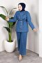 Stone Detailed Belted Denim Hijab Suit Light Blue - 5