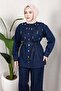 Stone Detailed Belted Denim Hijab Suit Dark Blue - 4