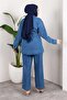 Stone Detailed Belted Denim Hijab Suit Light Blue - 7