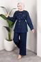 Stone Detailed Belted Denim Hijab Suit Dark Blue