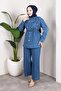 Stone Detailed Belted Denim Hijab Suit Light Blue - 6