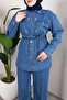 Stone Detailed Belted Denim Hijab Suit Light Blue - 4