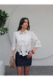 Women's Ecru Leaf Patterned Laser Cut Embroidered Scalloped Cotton Linen Shirt - 4