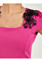 Pink Embellished Short Sleeves Sheath Midi Dress - 4